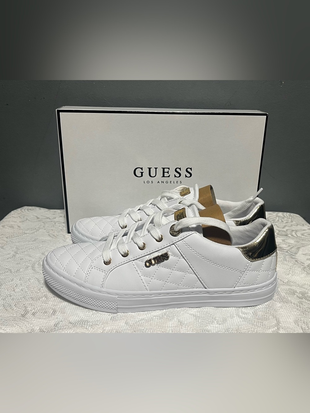 Guess White Quilted Sneakers with Gold 9 M